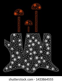 Glowing mesh fungus stump with glitter effect. Abstract illuminated model of fungus stump icon. Shiny wire carcass triangular mesh fungus stump. Vector abstraction on a black background.