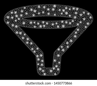 Glowing mesh funnel with glow effect. Abstract illuminated model of funnel icon. Shiny wire frame polygonal mesh funnel. Vector abstraction on a black background.