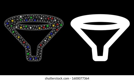 Glowing mesh funnel icon with glow effect. Abstract illuminated model of funnel. Shiny wire carcass triangular mesh funnel icon. Vector abstraction on a black background.
