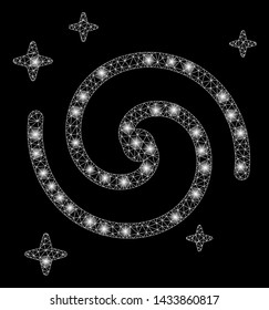 Glowing mesh galaxy with glitter effect. Abstract illuminated model of galaxy icon. Shiny wire carcass triangular mesh galaxy. Vector abstraction on a black background.