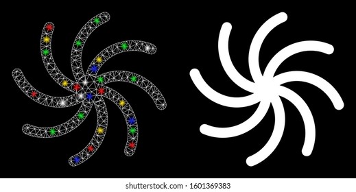 Glowing mesh galaxy icon with glare effect. Abstract illuminated model of galaxy. Shiny wire carcass polygonal mesh galaxy icon. Vector abstraction on a black background.