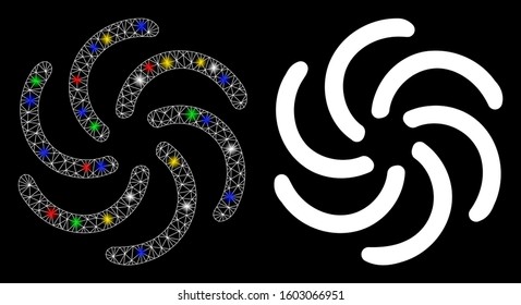 Glowing mesh galaxy icon with sparkle effect. Abstract illuminated model of galaxy. Shiny wire carcass polygonal network galaxy icon. Vector abstraction on a black background.