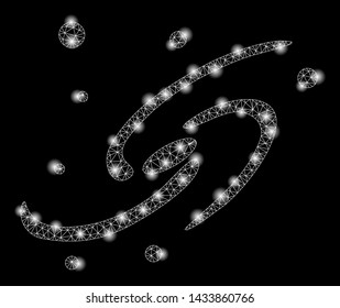 Glowing mesh galaxy with lightspot effect. Abstract illuminated model of galaxy icon. Shiny wire carcass triangular mesh galaxy. Vector abstraction on a black background.