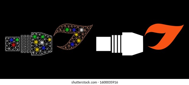 Glowing mesh gas burner nozzle fire icon with lightspot effect. Abstract illuminated model of gas burner nozzle fire. Shiny wire carcass polygonal mesh gas burner nozzle fire icon.