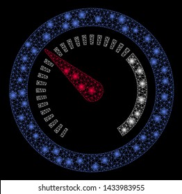 Glowing mesh gauge with sparkle effect. Abstract illuminated model of gauge icon. Shiny wire carcass triangular mesh gauge. Vector abstraction on a black background.