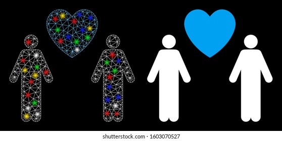 Glowing mesh gay lovers icon with glitter effect. Abstract illuminated model of gay lovers. Shiny wire frame polygonal mesh gay lovers icon. Vector abstraction on a black background.