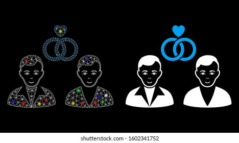 Glowing mesh gays marriage icon with glare effect. Abstract illuminated model of gays marriage. Shiny wire frame triangular mesh gays marriage icon. Vector abstraction on a black background.