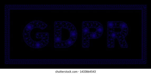 Glowing mesh GDPR rectangle with glow effect. Abstract illuminated model of GDPR rectangle icon. Shiny wire frame polygonal network GDPR rectangle. Vector abstraction on a black background.
