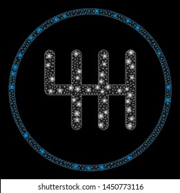 Glowing mesh gear box with glare effect. Abstract illuminated model of gear box icon. Shiny wire carcass polygonal mesh gear box. Vector abstraction on a black background.