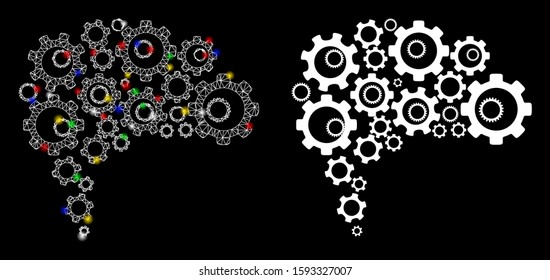 Glowing mesh gear brain icon with lightspot effect. Abstract illuminated model of gear brain. Shiny wire carcass triangular mesh gear brain icon. Vector abstraction on a black background.