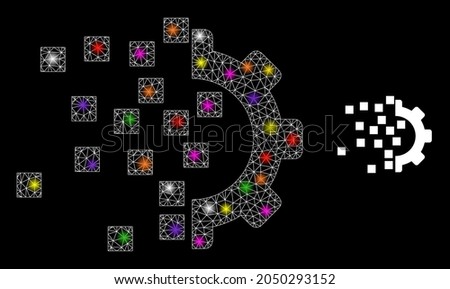 Glowing mesh gear compilation glare icon with lightspots. Illuminated vector constellation based on gear compilation icon. Sparkle frame mesh gear compilation on a black background.