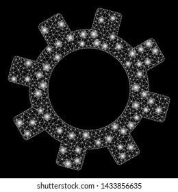 Glowing mesh gear with glare effect. Abstract illuminated model of gear icon. Shiny wire carcass triangular mesh gear. Vector abstraction on a black background.