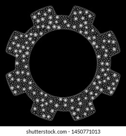 Glowing mesh gear with glare effect. Abstract illuminated model of gear icon. Shiny wire frame polygonal mesh gear. Vector abstraction on a black background.