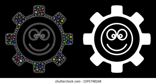 Glowing mesh gear happy smile icon with lightspot effect. Abstract illuminated model of gear happy smile. Shiny wire frame polygonal mesh gear happy smile icon.