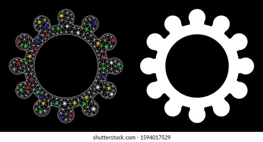Glowing mesh gear icon with glare effect. Abstract illuminated model of gear. Shiny wire frame triangular network gear icon. Vector abstraction on a black background.