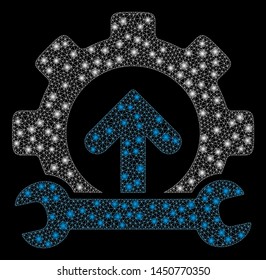 Glowing mesh gear integration tools with sparkle effect. Abstract illuminated model of gear integration tools icon. Shiny wire frame polygonal network gear integration tools.