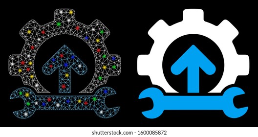 Glowing mesh gear integration tools icon with glow effect. Abstract illuminated model of gear integration tools. Shiny wire frame polygonal mesh gear integration tools icon.