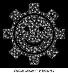 Glowing mesh gear smile with glitter effect. Abstract illuminated model of gear smile icon. Shiny wire frame polygonal mesh gear smile. Vector abstraction on a black background.