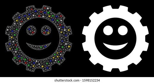 Glowing mesh gear smile smiley icon with glow effect. Abstract illuminated model of gear smile smiley. Shiny wire carcass triangular mesh gear smile smiley icon.