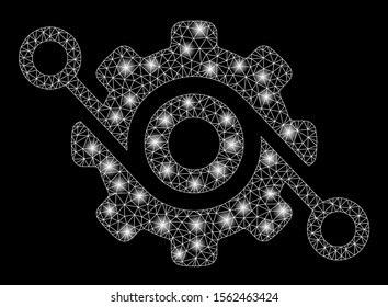 Glowing mesh gear solution with glitter effect. Abstract illuminated model of gear solution icon. Shiny wire carcass polygonal mesh gear solution. Vector abstraction on a black background.