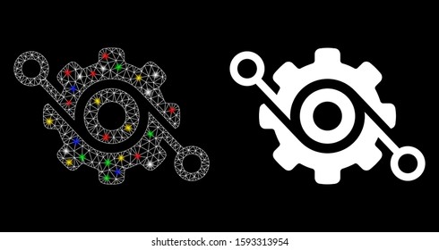 Glowing mesh gear solution icon with sparkle effect. Abstract illuminated model of gear solution. Shiny wire carcass triangular mesh gear solution icon. Vector abstraction on a black background.