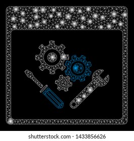 Glowing mesh gear tools calendar page with sparkle effect. Abstract illuminated model of gear tools calendar page icon. Shiny wire frame triangular mesh gear tools calendar page.