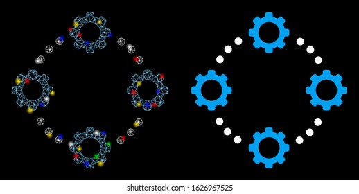 Glowing mesh gear virtual connection icon with sparkle effect. Abstract illuminated model of gear virtual connection. Shiny wire frame polygonal mesh gear virtual connection icon.