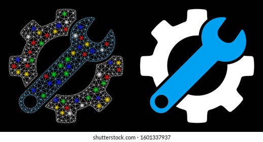 Glowing mesh gear and wrench options icon with lightspot effect. Abstract illuminated model of gear and wrench options. Shiny wire carcass polygonal network gear and wrench options icon.