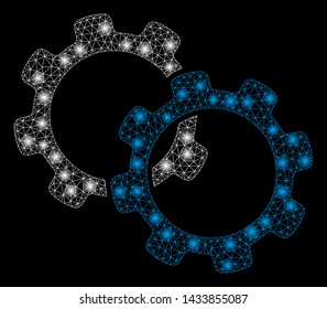 Glowing mesh gears with glare effect. Abstract illuminated model of gears icon. Shiny wire frame triangular mesh gears. Vector abstraction on a black background.