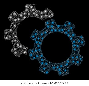 Glowing mesh gears with glitter effect. Abstract illuminated model of gears icon. Shiny wire carcass polygonal mesh gears. Vector abstraction on a black background.