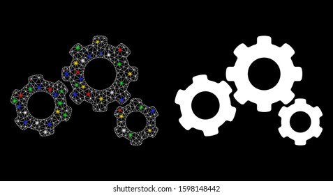 Glowing mesh gears icon with glow effect. Abstract illuminated model of gears. Shiny wire carcass polygonal network gears icon. Vector abstraction on a black background.