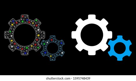Glowing mesh gears icon with sparkle effect. Abstract illuminated model of gears. Shiny wire frame triangular mesh gears icon. Vector abstraction on a black background.