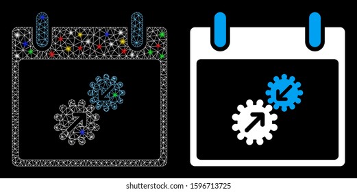 Glowing mesh gears integration calendar day icon with glow effect. Abstract illuminated model of gears integration calendar day. Shiny wire frame polygonal mesh gears integration calendar day icon.