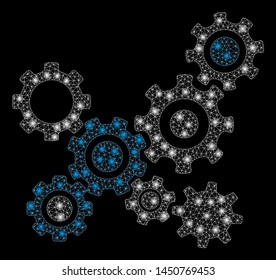 Glowing mesh gears mechanism with glow effect. Abstract illuminated model of gears mechanism icon. Shiny wire frame triangular mesh gears mechanism. Vector abstraction on a black background.