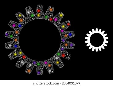 Glowing mesh gearwheel constellation icon with lightspots. Illuminated vector model based on gearwheel icon. Sparkle carcass polygonal gearwheel on a black background.