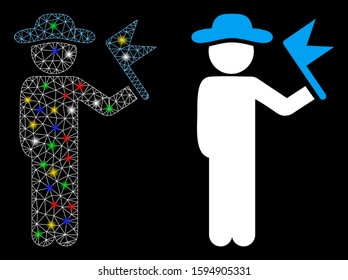 Glowing mesh gentleman with flag icon with glow effect. Abstract illuminated model of gentleman with flag. Shiny wire carcass polygonal mesh gentleman with flag icon.