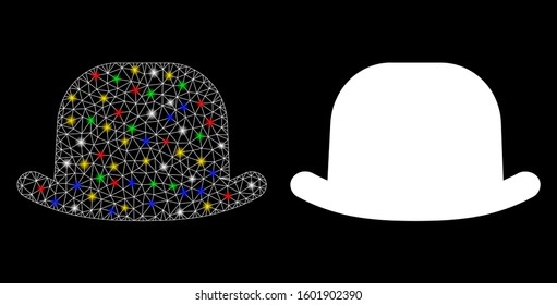 Glowing mesh gentleman hat icon with glitter effect. Abstract illuminated model of gentleman hat. Shiny wire frame triangular mesh gentleman hat icon. Vector abstraction on a black background.