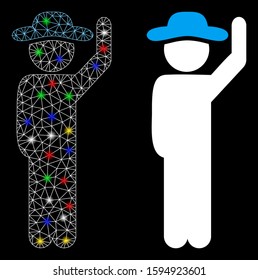 Glowing mesh gentleman hello icon with sparkle effect. Abstract illuminated model of gentleman hello. Shiny wire carcass triangular mesh gentleman hello icon. Vector abstraction on a black background.