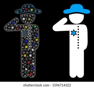 Glowing mesh gentleman officer icon with lightspot effect. Abstract illuminated model of gentleman officer. Shiny wire frame triangular mesh gentleman officer icon.