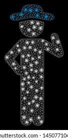 Glowing mesh gentleman proposal with glow effect. Abstract illuminated model of gentleman proposal icon. Shiny wire carcass triangular mesh gentleman proposal.