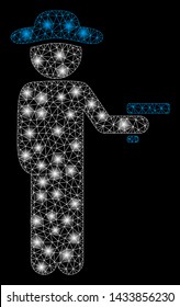 Glowing mesh gentleman robber with glow effect. Abstract illuminated model of gentleman robber icon. Shiny wire carcass polygonal network gentleman robber. Vector abstraction on a black background.