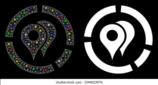 Glowing mesh geo diagram icon with glow effect. Abstract illuminated model of geo diagram. Shiny wire carcass triangular mesh geo diagram icon. Vector abstraction on a black background.
