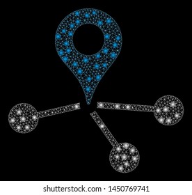 Glowing mesh geo network with glare effect. Abstract illuminated model of geo network icon. Shiny wire carcass triangular network geo network. Vector abstraction on a black background.