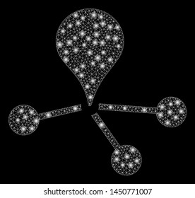 Glowing mesh geo network with glare effect. Abstract illuminated model of geo network icon. Shiny wire frame polygonal network geo network. Vector abstraction on a black background.