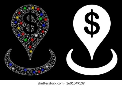 Glowing mesh geo targeting icon with glare effect. Abstract illuminated model of geo targeting. Shiny wire frame triangular network geo targeting icon. Vector abstraction on a black background.