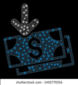Glowing mesh get banknotes with glare effect. Abstract illuminated model of get banknotes icon. Shiny wire carcass polygonal network get banknotes. Vector abstraction on a black background.