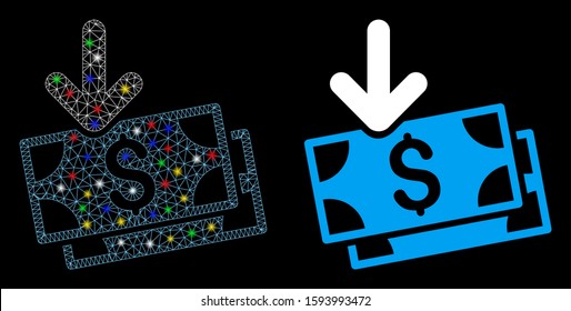 Glowing mesh get banknotes icon with glare effect. Abstract illuminated model of get banknotes. Shiny wire carcass triangular mesh get banknotes icon. Vector abstraction on a black background.
