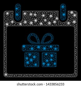 Glowing mesh gift box calendar day with lightspot effect. Abstract illuminated model of gift box calendar day icon. Shiny wire carcass triangular mesh gift box calendar day.