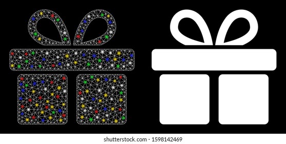 Glowing mesh gift icon with sparkle effect. Abstract illuminated model of gift. Shiny wire frame triangular mesh gift icon. Vector abstraction on a black background.