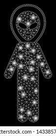 Glowing mesh glad alien person with sparkle effect. Abstract illuminated model of glad alien person icon. Shiny wire frame triangular mesh glad alien person. Vector abstraction on a black background.